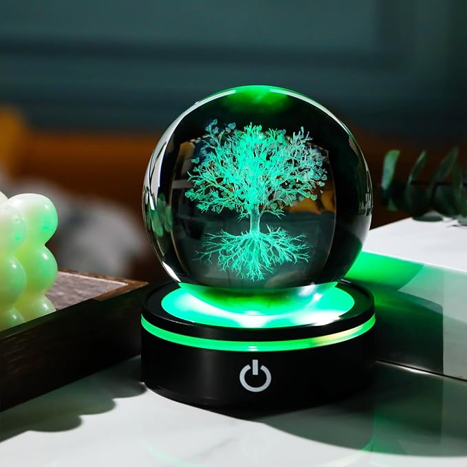 YWHL 3D Crystal Tree of Life Figurines Ball with Colorful Light Base, Laser Engraved Tree of Life Sphere Gifts for Women Men on Birthday, Glass Art Collection for Home Decor(80mm)