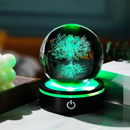 YWHL 3D Crystal Tree of Life Figurines Ball with Colorful Light Base, Laser Engraved Tree of Life Sphere Gifts for Women Men on Birthday, Glass Art Collection for Home Decor(80mm)