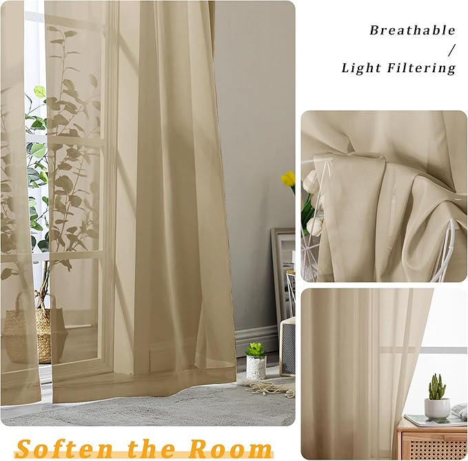 Gwine Taupe Sheer Curtains 90 Inches Long 2 Panels Set, Light Filtering Solid Filmy Drapes for Living Room Bedroom, Elegant Soft Rod Pocket Voile Sheer Window Curtains, 42Wx90L Inch, 2PCS, Taupe