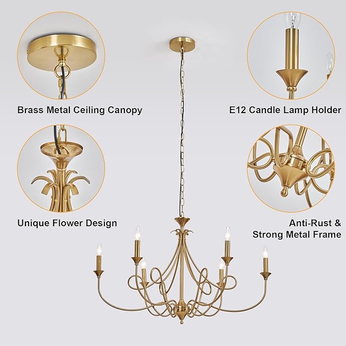 6-Light Modern Chandelier 36.6" Brass Candle Chandeliers Metal Gold Pendant Light Fixture for Dining Room Living Room Kitchen Island Foyer Entryway, E12 Base