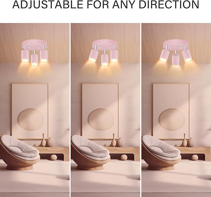 3 Light Track Lighting Fixtures Ceiling, Pink Round Directional Spotlight Fixtures, GU10 Flush Mount Ceiling Fixture, Adjustable Modern LED Track Light for Girl's Room, Bulb Not Included