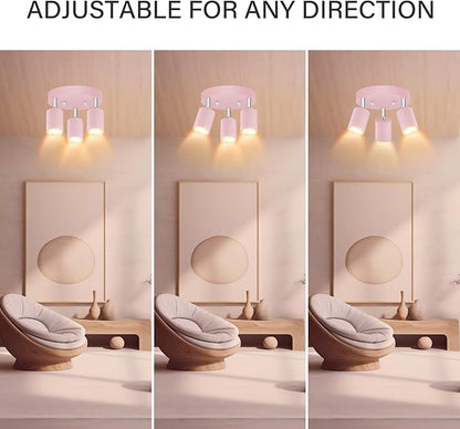 3 Light Track Lighting Fixtures Ceiling, Pink Round Directional Spotlight Fixtures, GU10 Flush Mount Ceiling Fixture, Adjustable Modern LED Track Light for Girl's Room, Bulb Not Included
