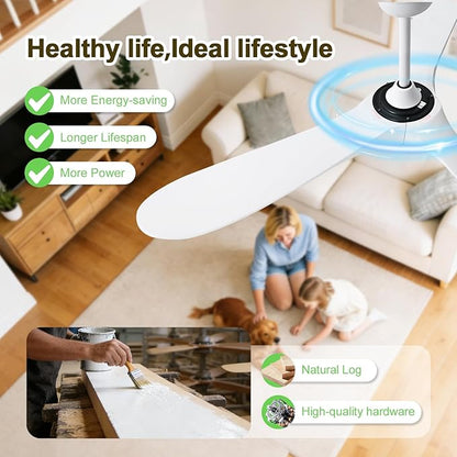 72 Inch Ceiling Fans with Lights and Remote, Wood Outdoor Ceiling Fan with 6 Speed Noiseless DC Motor, Indoor Modern 3 Blade Propeller Ceiling Fan for Bedroom Living Room Gazebo Patio (White)