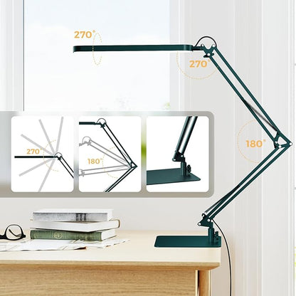 SKYLEO LED Desk Lamp with Slim Base - Adjustable Swing Arm Desk Light, Dimmable, Timer, Eye Protection, Memory Function, 1300LM, 12W, Green