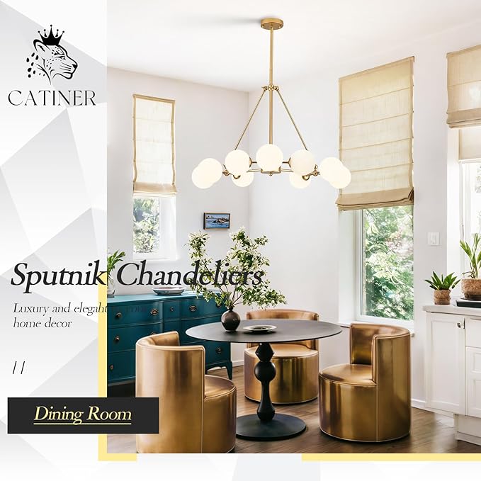 CATINER Modern Gold Sputnik Chandeliers L40”9-Lights Mid Century Ceiling Pendant Lighting Fixtures with Milk Glass Globe Shades for Foyer Entryway Kitchen Bedroom Living Dining Room