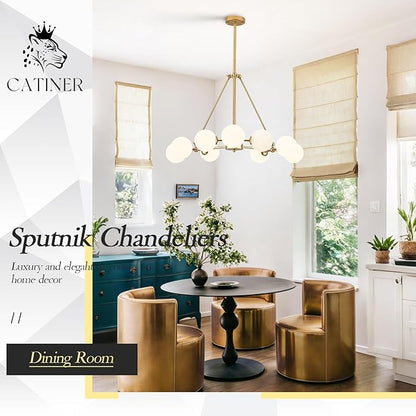 CATINER Modern Gold Sputnik Chandeliers L40”9-Lights Mid Century Ceiling Pendant Lighting Fixtures with Milk Glass Globe Shades for Foyer Entryway Kitchen Bedroom Living Dining Room