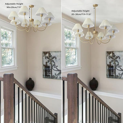 KCO Lighting Brushed Brass Sputnik Chandelier Gold Metal Chandelier with White Pleated Fabric Shades 8-Lights Ceiling Chandelier Light Fixture Mid Century Modern Chandelier