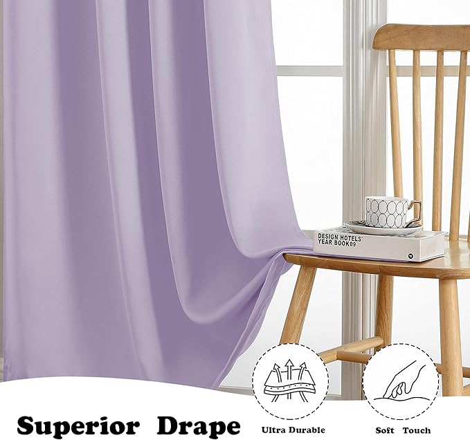 Simplebrand Lilac Room Darkening Curtains for Bedroom 63 Inch Length 2 Panels Set, Thermal Insulated Energy Saving Curtains for Kids Room, Grommet Solid Nursery Window Treatment Drapes, W40 x L63