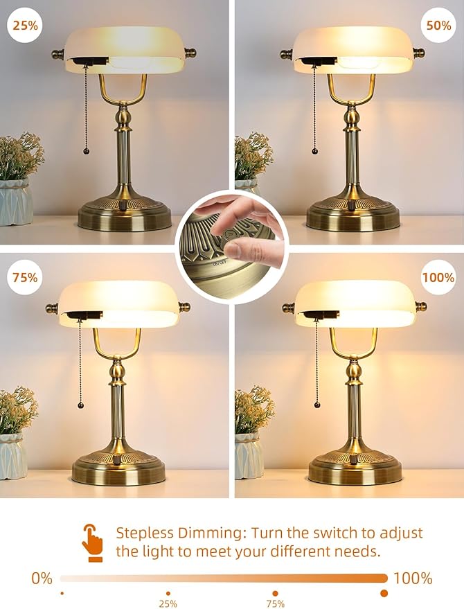 White Matted Glass Bankers Desk Lamp, Stepless Dimmable Table Lamp Plug in Fixture for Study, Home Office,Library, LED Bulb Included