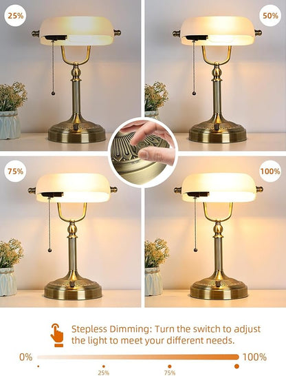 White Matted Glass Bankers Desk Lamp, Stepless Dimmable Table Lamp Plug in Fixture for Study, Home Office,Library, LED Bulb Included