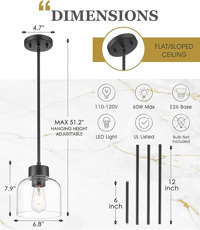 2-Pack Pendant Lights Kitchen Island, 7" Matte Black Hanging Lights Fixtures with Clear Glass Shade, Modern Kitchen Pendant Lighting Over Island for Dining Room, AD-24024-1P2-BK