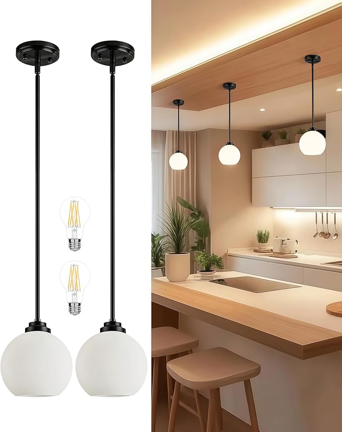 Majade Globe Pendant Lights Kitchen Island Pendant Light Fixtures 7.4 Inch Black Mid Century Modern Globe Pendant Lighting with Milk Glass Adjustable Hanging Light Fixtures for Dining Room(2 Pack)