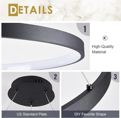 Modern LED Pendant Light Black Ring Chandelier 24" Dimmable Flush Mount Pendant Chandelier for Dinning Room Office Kitchen Living Room,3000-6500K