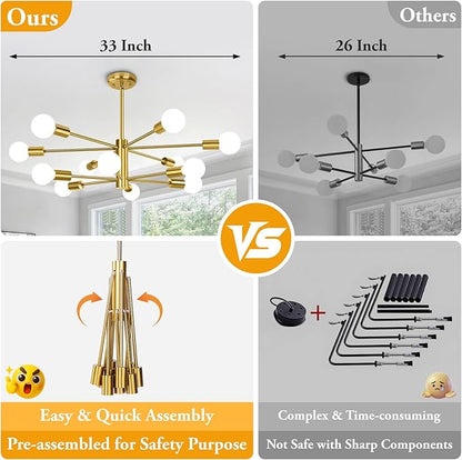 BesLowe 31'' 12-Light Modern Sputnik Chandelier, Mid Century Gold Chandeliers Lighting, Farmhouse Ceiling Hanging Light Fixture for Dining Room Bedroom Living Room Kitchen Foyer, Height Adjustable