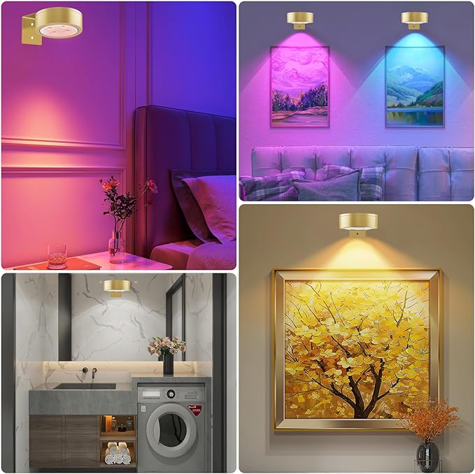 RGB Picture Light Battery Operated Painting Lights for Wall Wireless Magnetic Display Art Light with Remote Controls,Dimmable&Timer for Art Frame Artworking,6Pack Gold