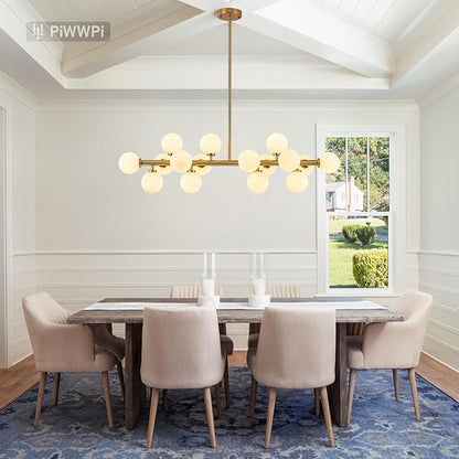 Glass Globe Sputnik Chandelier, 16-Light Mid Century Modern Light Fixture Over Table, Linear Chandeliers for Dining Room, Kitchen Island, Brass Gold and Milk White Bubble, 40 Inch, GC-02