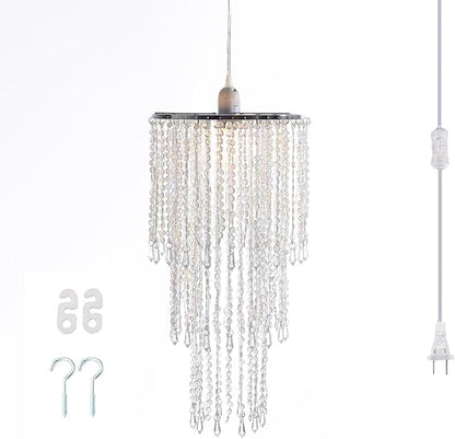 Plug in Classic Acrylic Chandelier(W10.25 x H20),Ceiling Light Beaded Pendant with Crystal Beads with ON/Off Switch and 16.4ft Clear Hanging Cord (H20 with PlugIn)