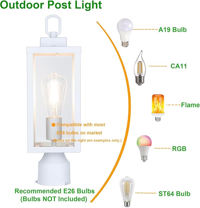 GRUENLICH Outdoor Post Lighting Fixture Pole Lantern, E26 Medium Base Max 60W, Metal Housing Plus Glass, Matte White Finish, Bulb Not Included, 1 Pack