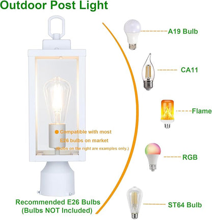 GRUENLICH Outdoor Post Lighting Fixture Pole Lantern, E26 Medium Base Max 60W, Metal Housing Plus Glass, Matte White Finish, Bulb Not Included, 1 Pack