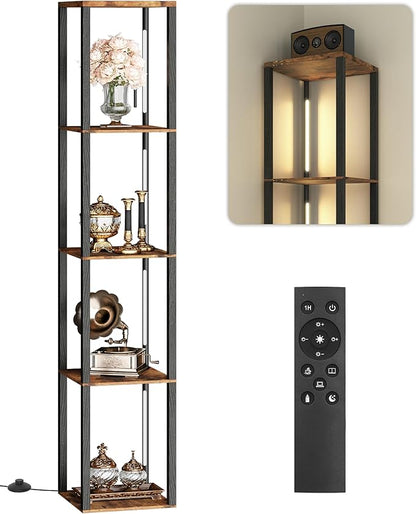 64.2" Display Shelf with Light, Modern Corner Floor Lampe with Shelves, LED Dimmable Standing Lamp with Remote for Living Room, Bedroom, Office, Adjustable CCT, Rustic Brown Square F51LD05