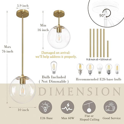 Bagood 10 Inch Globe Pendant Light Gold Mid Century Pendant Light Adjustable Hanging Light Fixture Globe Pendant Lights Kitchen Island Clear Glass with Brass Finish for Dining Room