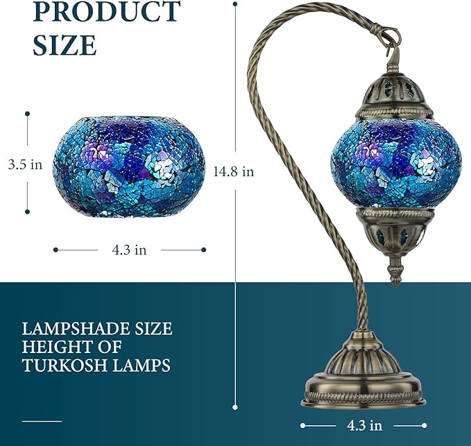 Marrakech Vintage Morrocan Lamp with Tiffany Style, Handmade Turkish Table Lamp with Swan Neck Bronze Base Including LED Bulb for Living Room Bedroom Decor (Shard Blue)