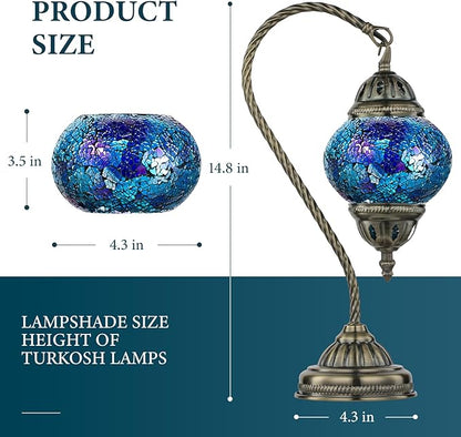 Marrakech Vintage Morrocan Lamp with Tiffany Style, Handmade Turkish Table Lamp with Swan Neck Bronze Base Including LED Bulb for Living Room Bedroom Decor (Shard Blue)