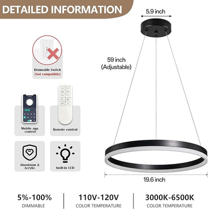 20" Modern Black Led Chandelier Ring Dimmable LED Chandeliers with Remote Control for Kitchen Island Height Adjustable Chandelier Led Pendant Light for Living Room Dining Room Bedroom Foyer