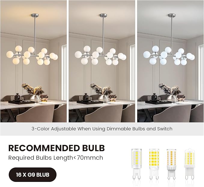 39'' Brushed Nickel and Milky White Mid Century Modern Pendant Lights Dimmable Glass Globe Sputnik Chandelier 16 Lights Linear Chandelier Light Fixtures for Kitchen Island Dining Room