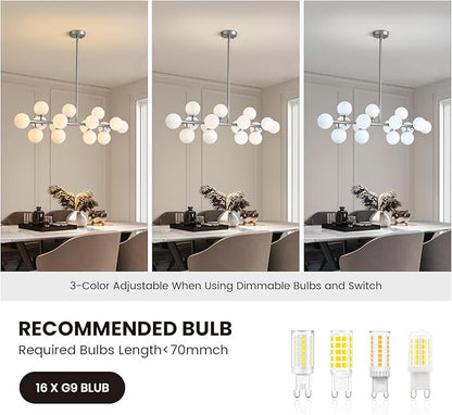 39'' Brushed Nickel and Milky White Mid Century Modern Pendant Lights Dimmable Glass Globe Sputnik Chandelier 16 Lights Linear Chandelier Light Fixtures for Kitchen Island Dining Room