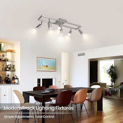 KEESFU Nickel 6-Light Track Lighting Fixtures Ceiling, GU10 LED Ceiling Spotlight with Rotatable Heads, Modern Track Light for Kitchen, Hallway, Living Room