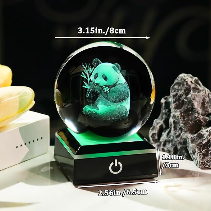 Arikyrist 3D Panda Figurine Crystal Ball with Colorful Light Base, Panda Gifts for Women Men on Christmas Birthday, 3D Laser Engraved Pandas Full Sphere Glass Decorative Ball for Home Office (80mm)