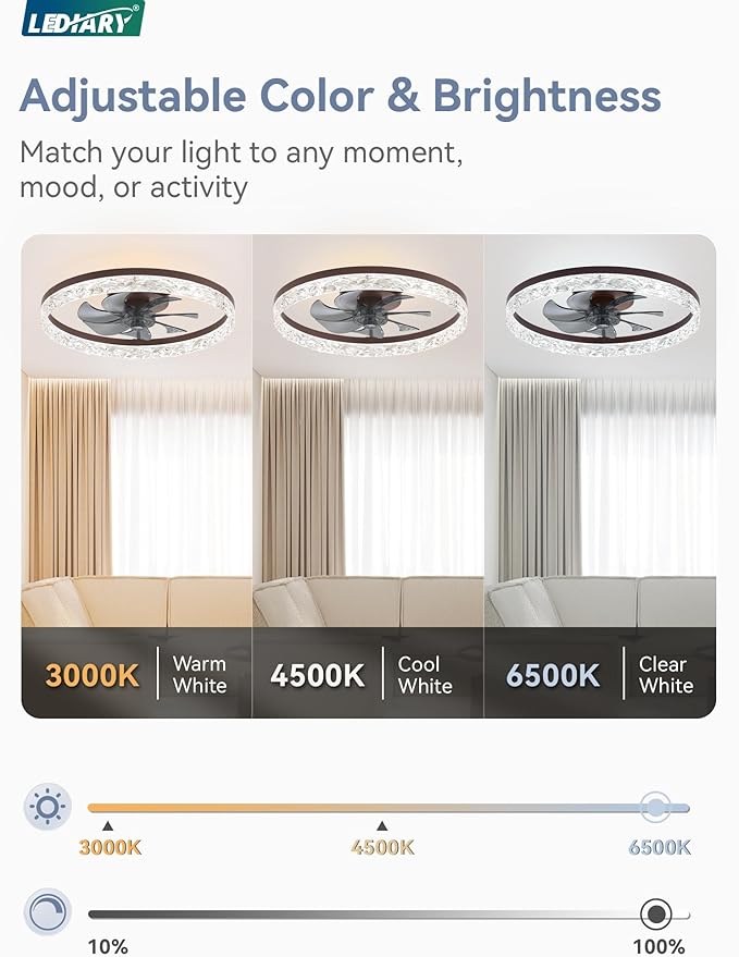 LEDIARY 20" Modern Ceiling Fans with Lights and Remote, Dimmable Low Profile Ceiling Fan, Flush Mount Ceiling Fan, Stepless Color Temperature Change and 6 Speeds - Brown