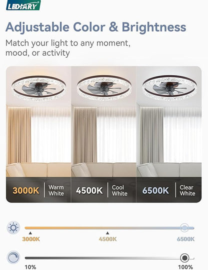 LEDIARY 20" Modern Ceiling Fans with Lights and Remote, Dimmable Low Profile Ceiling Fan, Flush Mount Ceiling Fan, Stepless Color Temperature Change and 6 Speeds - Brown