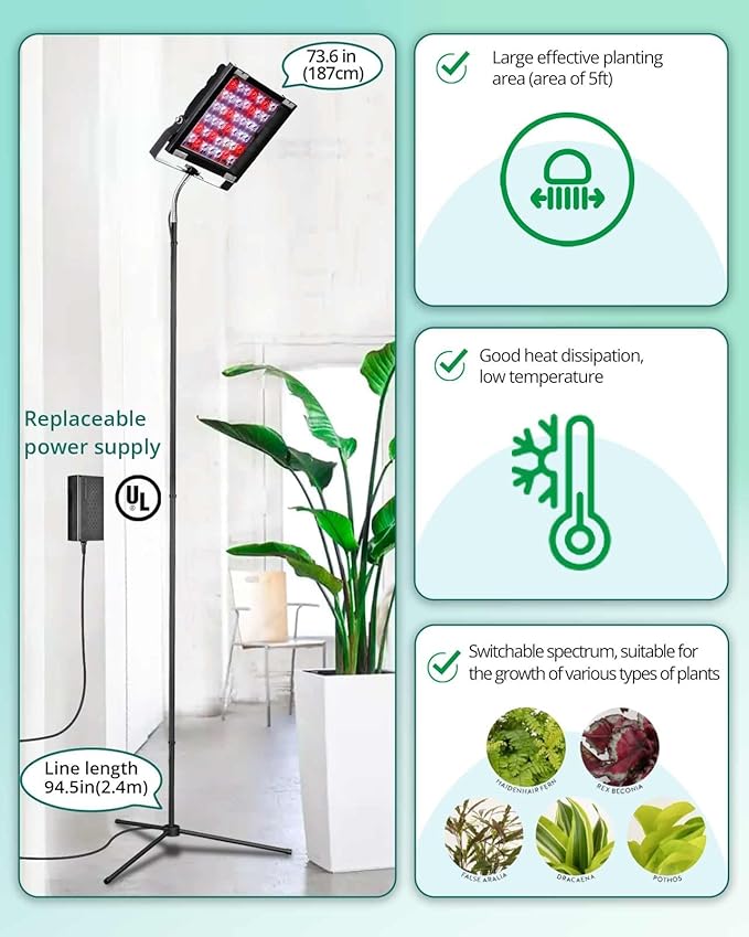 Grow Lights for Indoor Plants, Full Spectrum Tall Plant Light, Dimmable, Adjustable Tripod Standing Grow Lamp Floor Refugium Lamp for Aquarium, 45W 66in, 6/12/16h