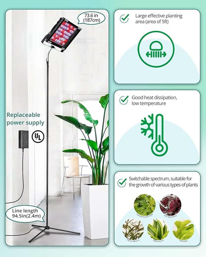 Grow Lights for Indoor Plants, Full Spectrum Tall Plant Light, Dimmable, Adjustable Tripod Standing Grow Lamp Floor Refugium Lamp for Aquarium, 45W 66in, 6/12/16h