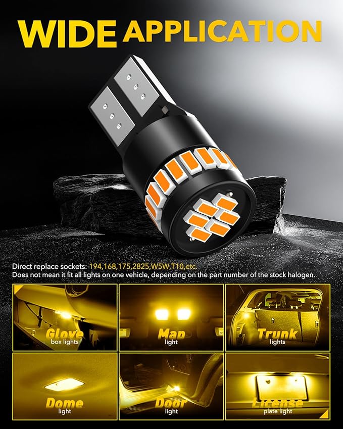 AUXITO 194 LED Bulb Amber Yellow Canbus Error Free, 168 175 2825 W5W T10 LED Replacement Light Kit for Car Interior Map Dome Trunk Exterior Marker License Plate Parking Lights, Pack of 2