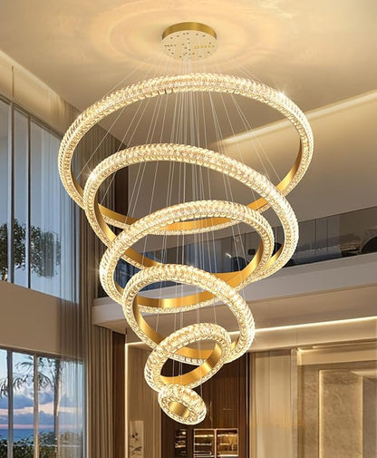 47" 6 Ring Crystal Chandelier Modern LED Dimmable Ring Pendant Light Chandelier for Dining Room Living Room Gold