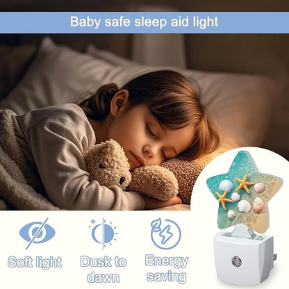 Night Light,Starfish Shell Plug into Wall with Dusk to Dawn Light Sensors,Summer Coastal Beach Warm Star Nightlights for Bedroom,Bathroom,Hallway,Kitchen Home Decor Desk Lamp