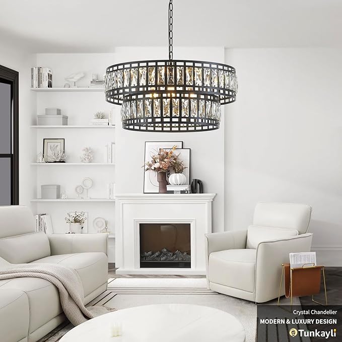 24" Modern Crystal Chandelier 8-Light Drum Large Glass Chandelier 2-Tier Round Black Design Luxury Elegant Lighting Fixture for Dining Room, Foyer, Living Room, Bedroom, Kitchen