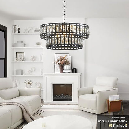 24" Modern Crystal Chandelier 8-Light Drum Large Glass Chandelier 2-Tier Round Black Design Luxury Elegant Lighting Fixture for Dining Room, Foyer, Living Room, Bedroom, Kitchen