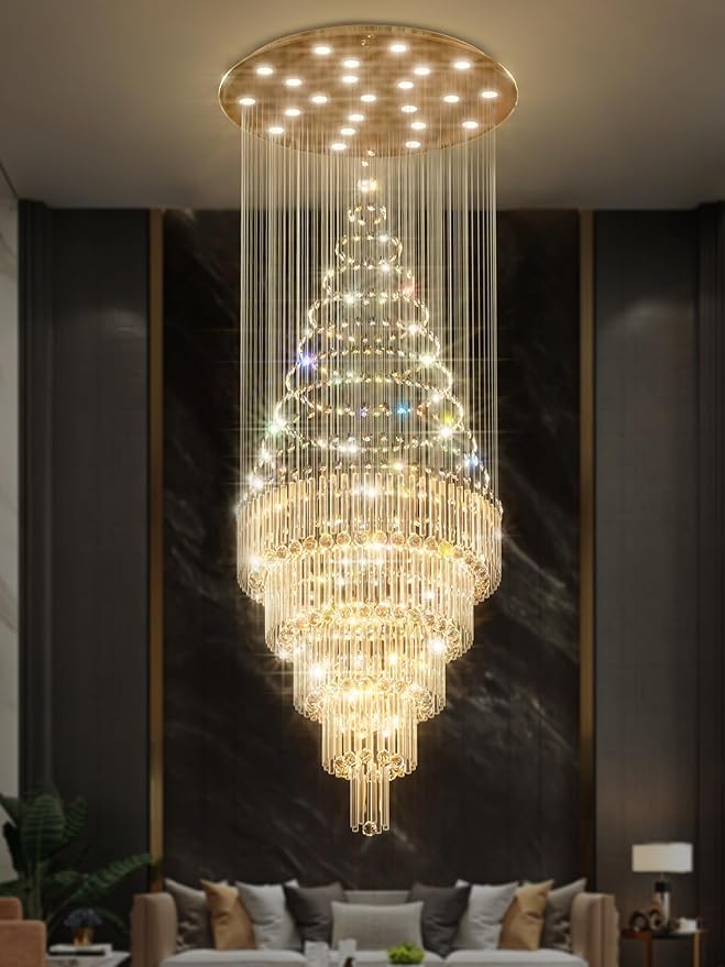 Flashing God 40''x 90'' Gold Large Crystal Chandelier LED Dimming 5-Tier High Ceiling Pendant Light Raindrop Chandeliers for Foyer Staircase Living Room Entryway
