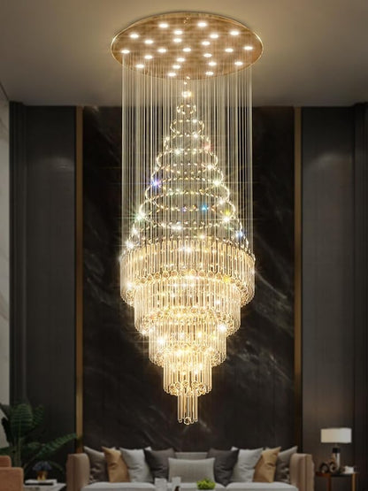 Flashing God 40''x 90'' Gold Large Crystal Chandelier LED Dimming 5-Tier High Ceiling Pendant Light Raindrop Chandeliers for Foyer Staircase Living Room Entryway