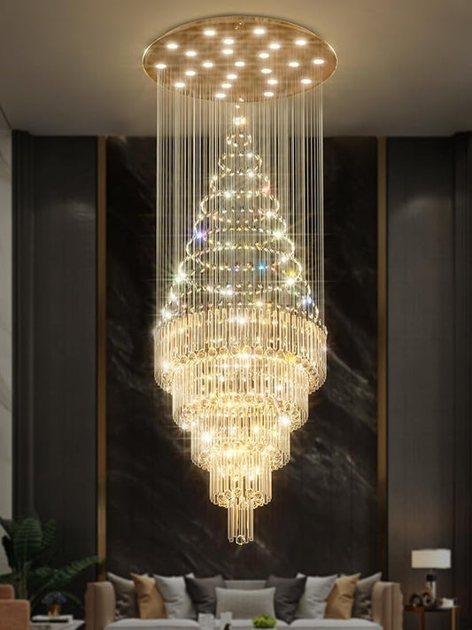 Flashing God 40''x 90'' Gold Large Crystal Chandelier LED Dimming 5-Tier High Ceiling Pendant Light Raindrop Chandeliers for Foyer Staircase Living Room Entryway