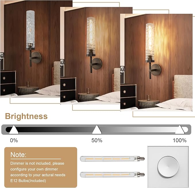 Bronze Wall Sconces, 19.5" Brushed Brass Knurled Bathroom Wall Sconces with Water Ripple Glass Shade, Dimmable Indoor Vanity Wall Light Fixtures for Living Room Hallway Bedroom Staircase