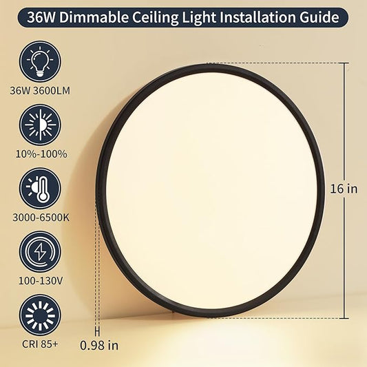 16 Inch Flush Mount Ceiling Light with Remote, 36W Dimmable LED Fixture 3600LM, 3000K-6500K Adjustable, Round Ceiling Lamp for Bedroom, Kitchen, Living Room, Dining Room, Bathroom, Black
