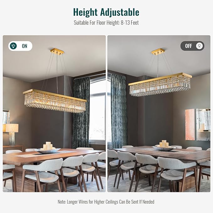 Siljoy Rectangular Gold Crystal Chandelier for Dining Room, 10-Light Modern Rectangle K9 Crystal Raindrop Chandelier, Luxury Dimmable Crystal Ceiling Light for Living Room Kitchen Island L47''