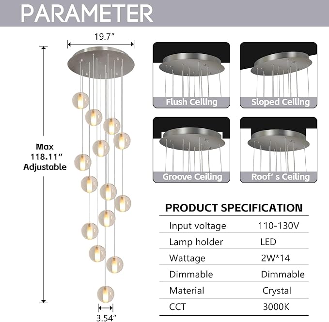 14 Lights Staircase Chandelier for High Ceiling, Dimmable Modern Crystal Raindrop Large Long Hanging Pendant Light for Stairwell Living Room Stair Foyer, Bulbs Included (Nickel Canopy)