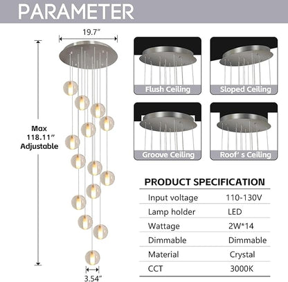 14 Lights Staircase Chandelier for High Ceiling, Dimmable Modern Crystal Raindrop Large Long Hanging Pendant Light for Stairwell Living Room Stair Foyer, Bulbs Included (Nickel Canopy)