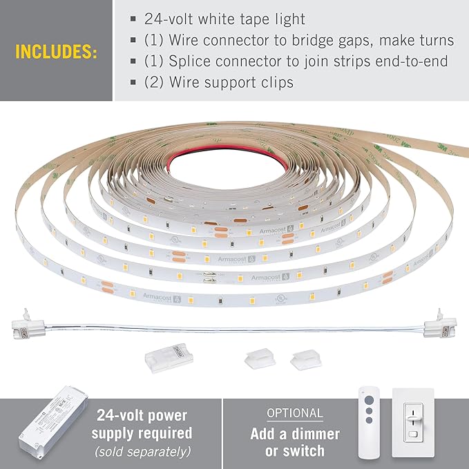 Armacost Lighting RibbonFlex Pro 24V White LED Strip Lights 30 LED/m, 3000K, 32.8 ft 144250